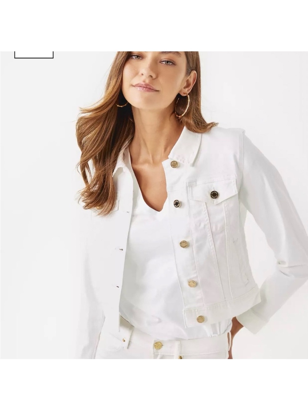Lilly Pulitzer White Cropped Denim Jacket with Gold Buttons